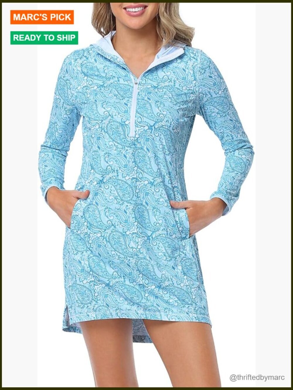 UPF 50 Long Sleeve Swim Cover Up Dress with Hood Quick Dry Sun Protection Tunic